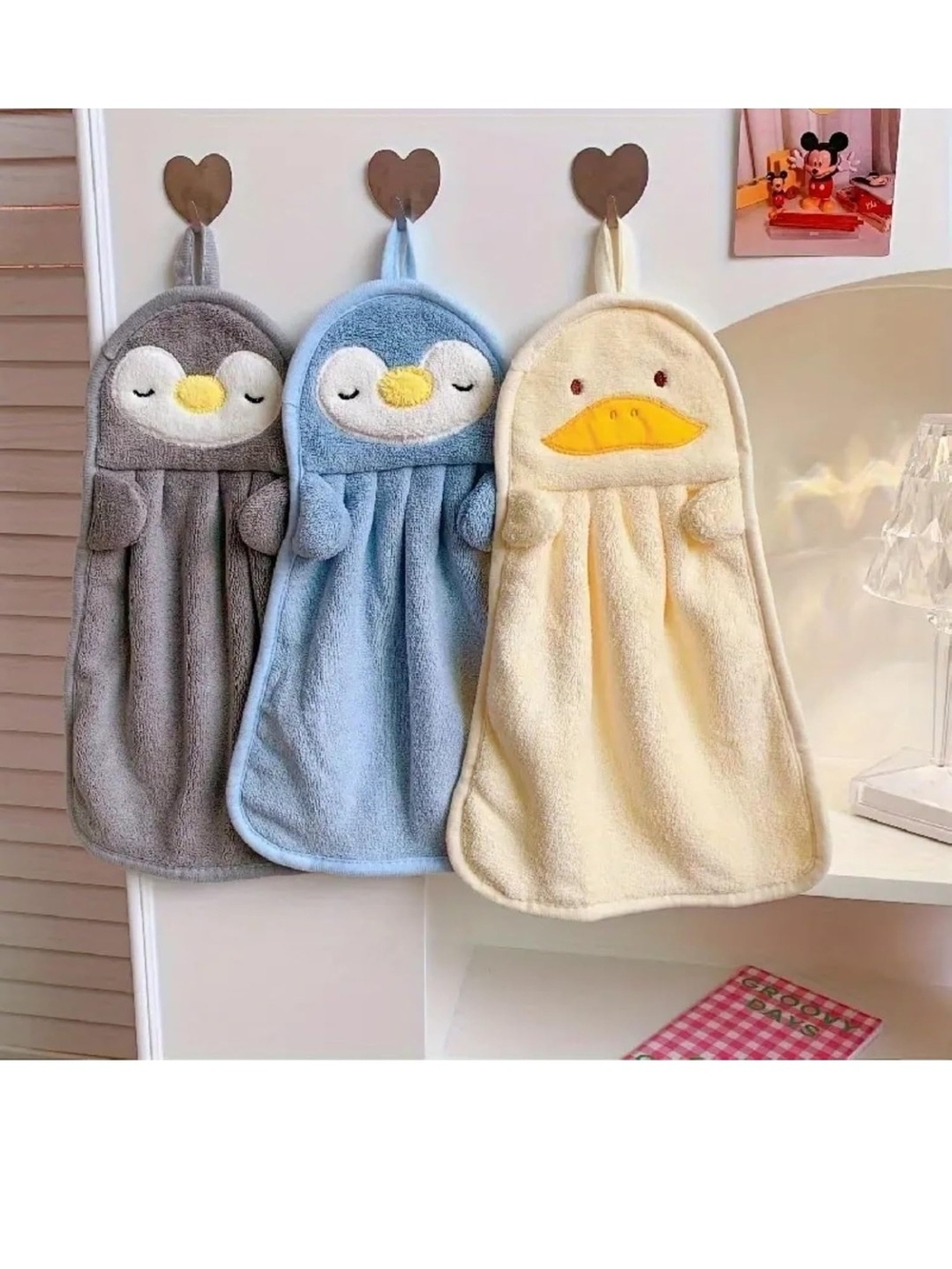 Plush Animal Hanging Hand Towel Set- Soft Gray, Blue, Cream